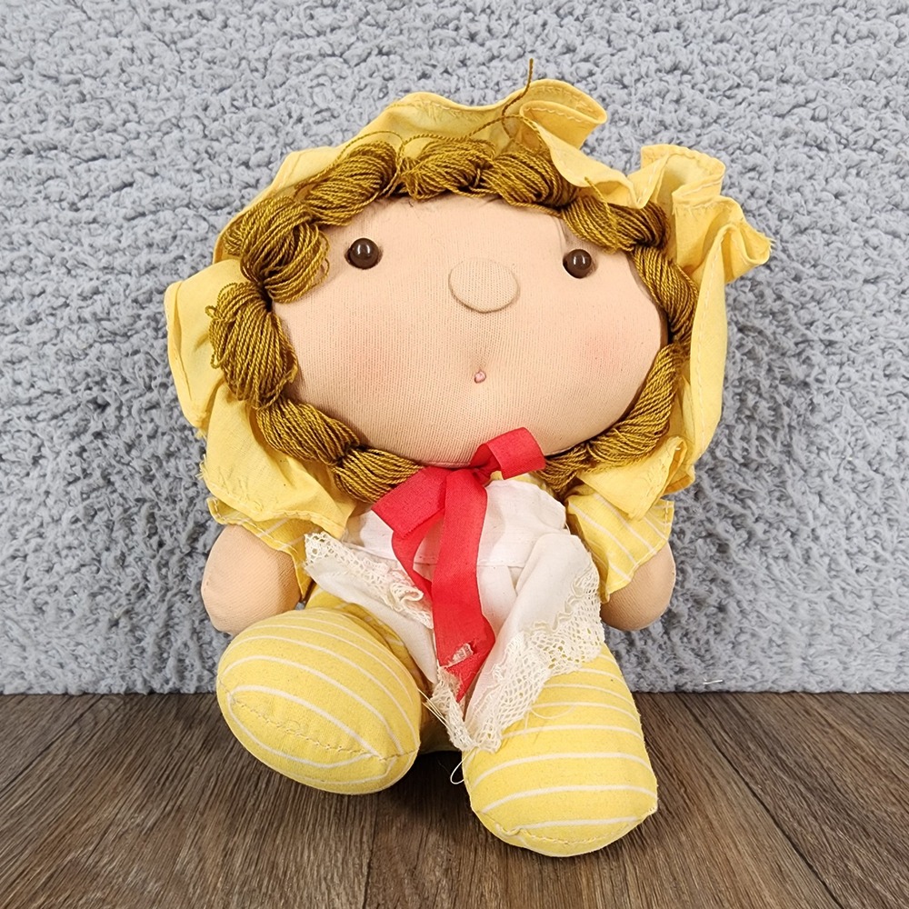 Vintage Elka Toys Rag Doll Yellow Striped Bonnet Lace Apron Plush 9"
